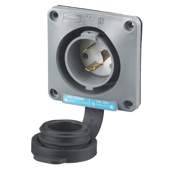 Flanged Locking Inlet, L6-20R, 20 A, 250V AC, Single Phase, 2 Pole, Screw Terminals, Gray